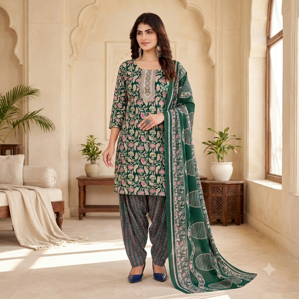 Bottle Green Floral Embroidered Patiala Suit — House of Kapasa