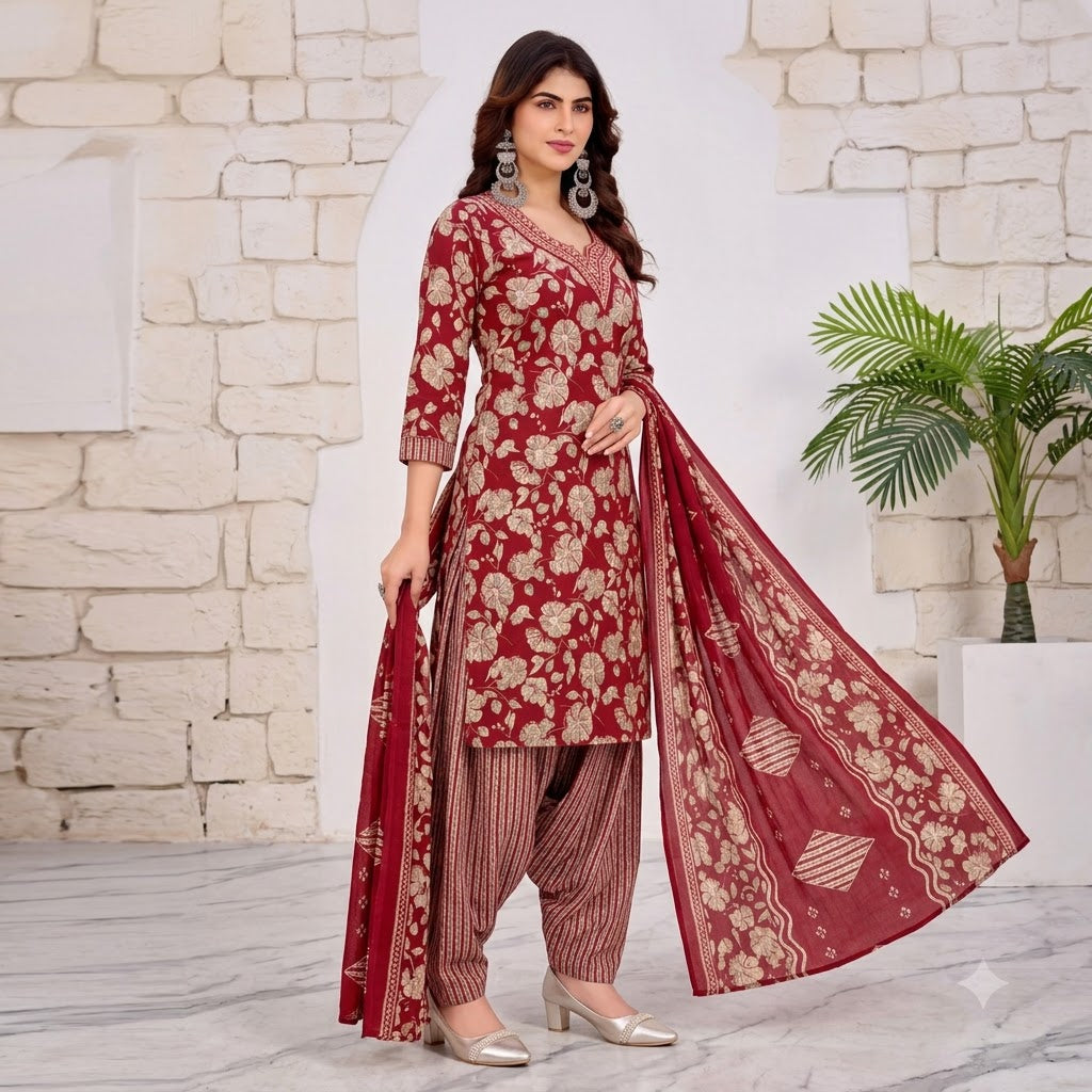 Maroon Floral Embroidered Patiala Suit — House of Kapasa