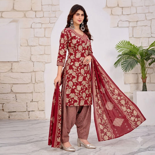 Maroon Floral Embroidered Patiala Suit — House of Kapasa