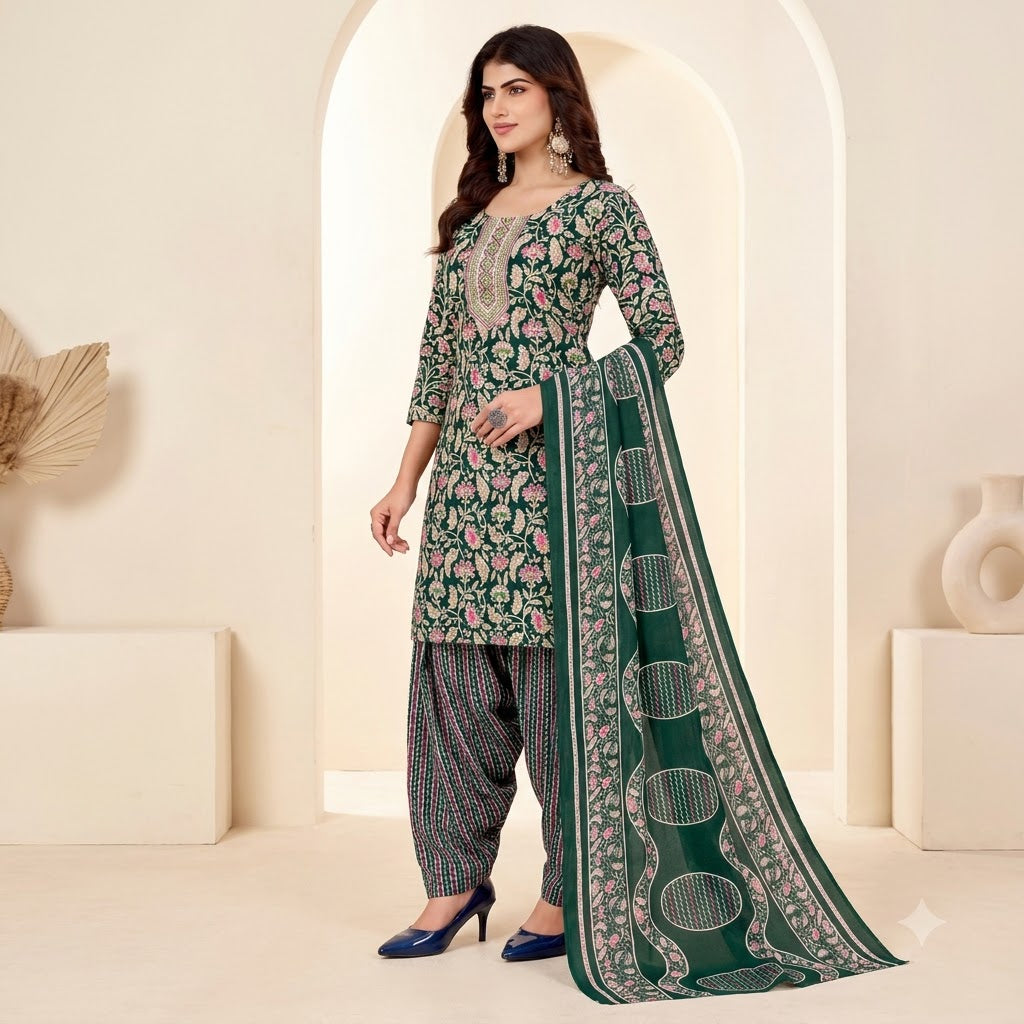 Bottle Green Floral Embroidered Patiala Suit — House of Kapasa