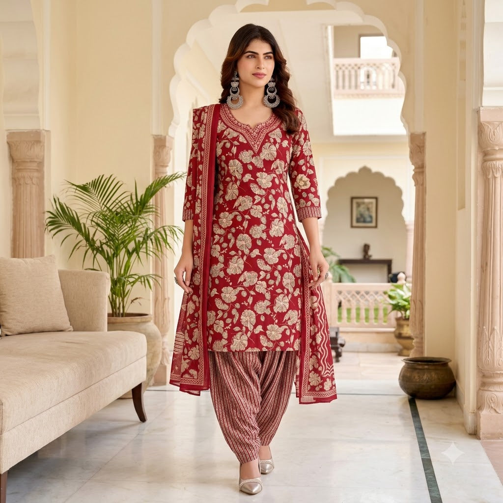 Maroon Floral Embroidered Patiala Suit — House of Kapasa