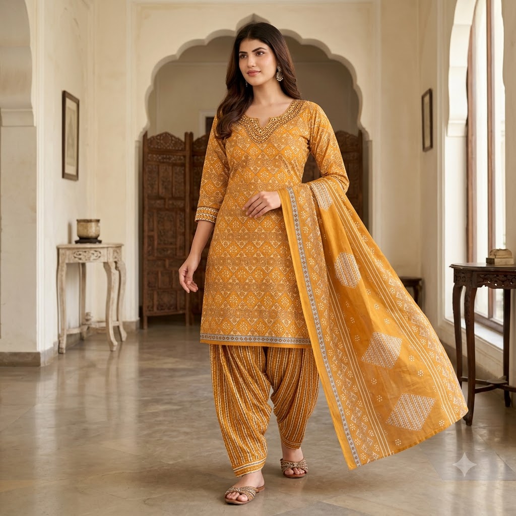 Mustard Diamond Print Embroidered Patiala Suit — House of Kapasa