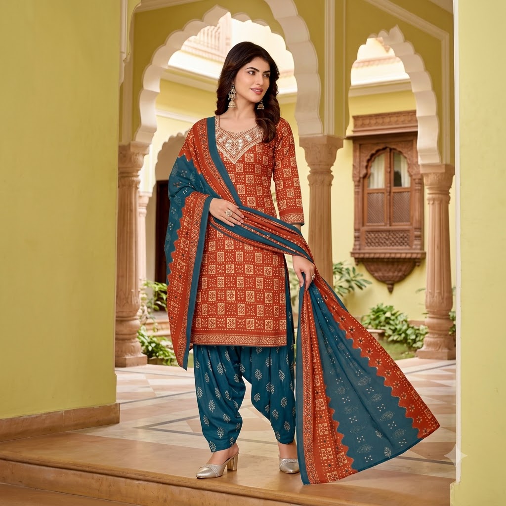 Rust Ajrakh Embroidered Patiala Suit — House of Kapasa