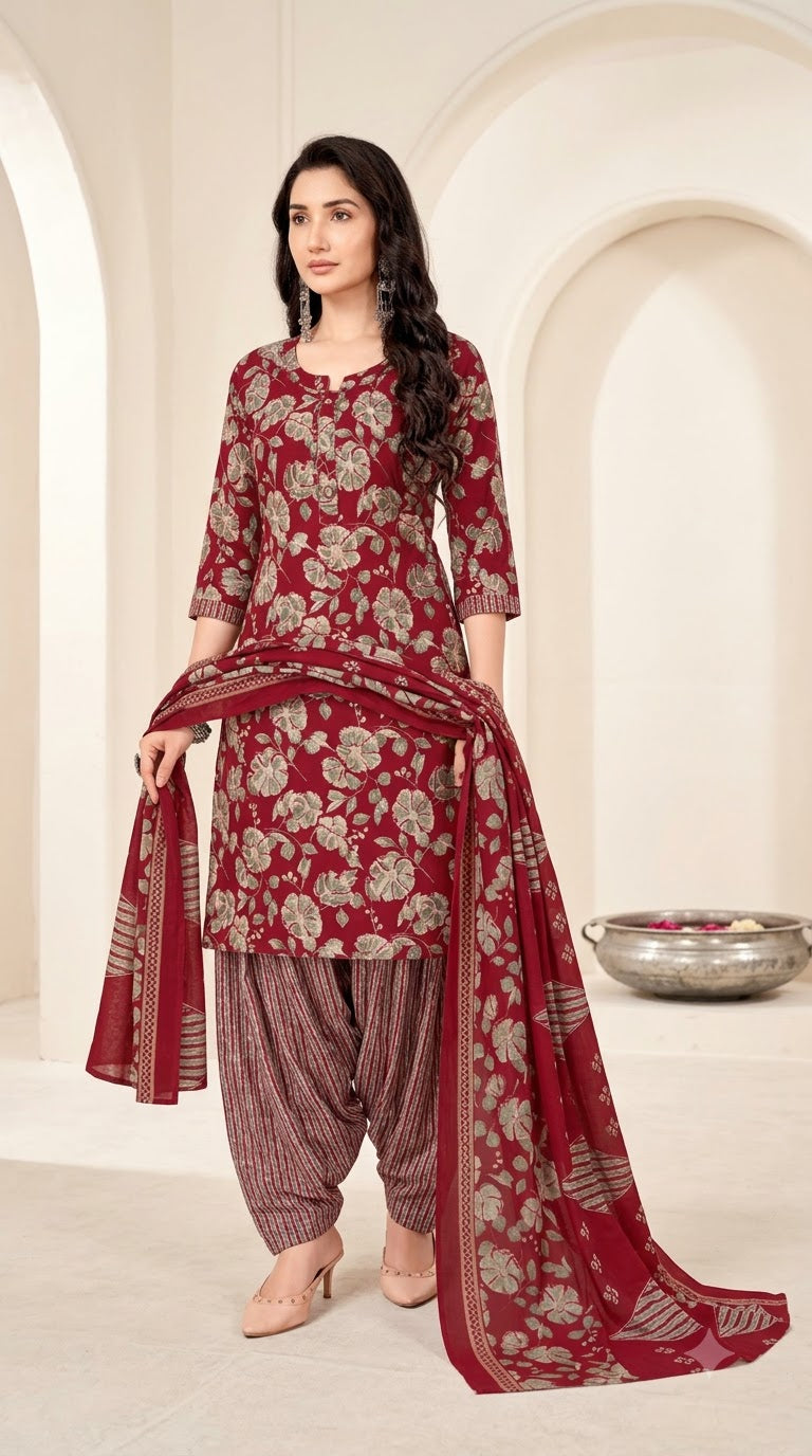 Maroon Floral Patiala Suit — House of Kapasa
