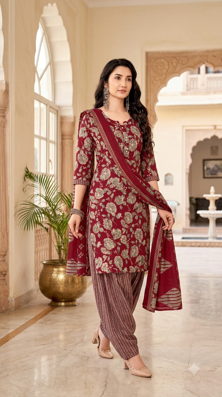 Maroon Floral Patiala Suit — House of Kapasa
